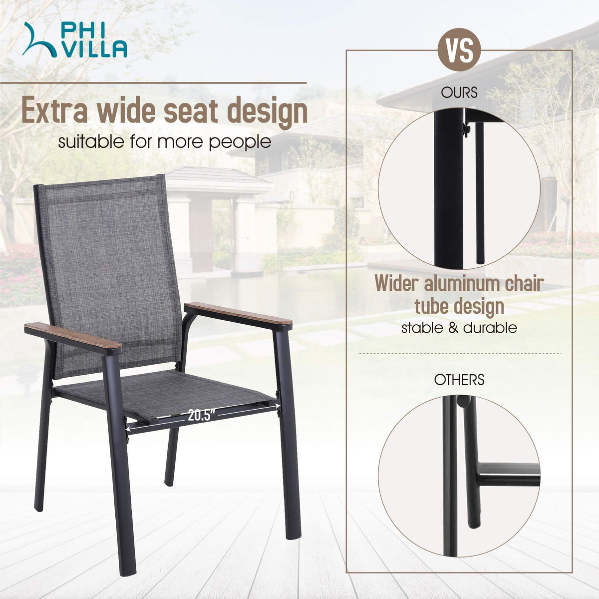 PHI VILLA Patio Dining Chairs Set of 4, Outdoor Lightweight Stackable Chair,All-Aluminum Frame and Sling Fabric, Wood-Like Armrest & Wider Seat for Deck Backyard Restaurant