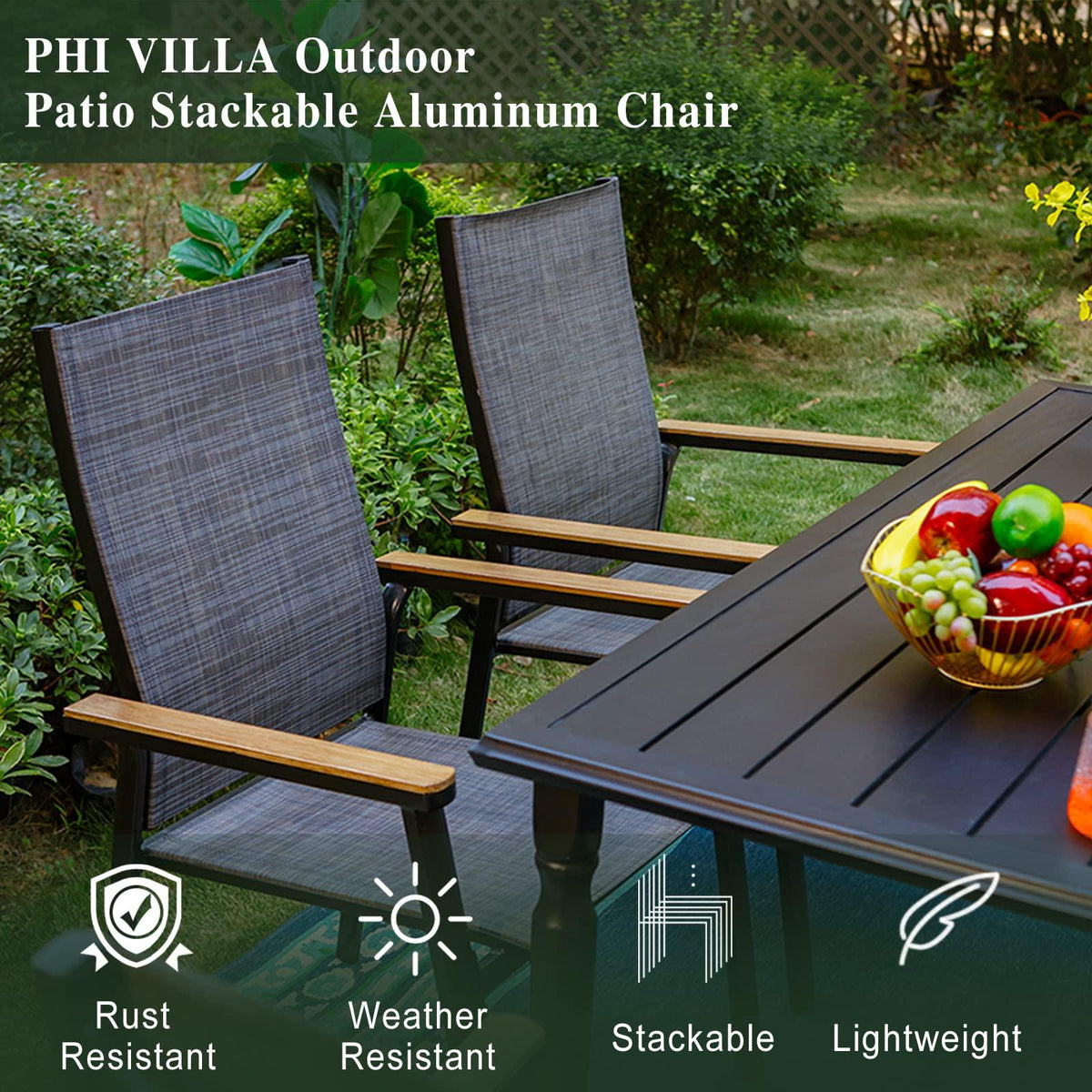PHI VILLA Patio Dining Chairs Set of 4, Outdoor Lightweight Stackable Chair,All-Aluminum Frame and Sling Fabric, Wood-Like Armrest & Wider Seat for Deck Backyard Restaurant