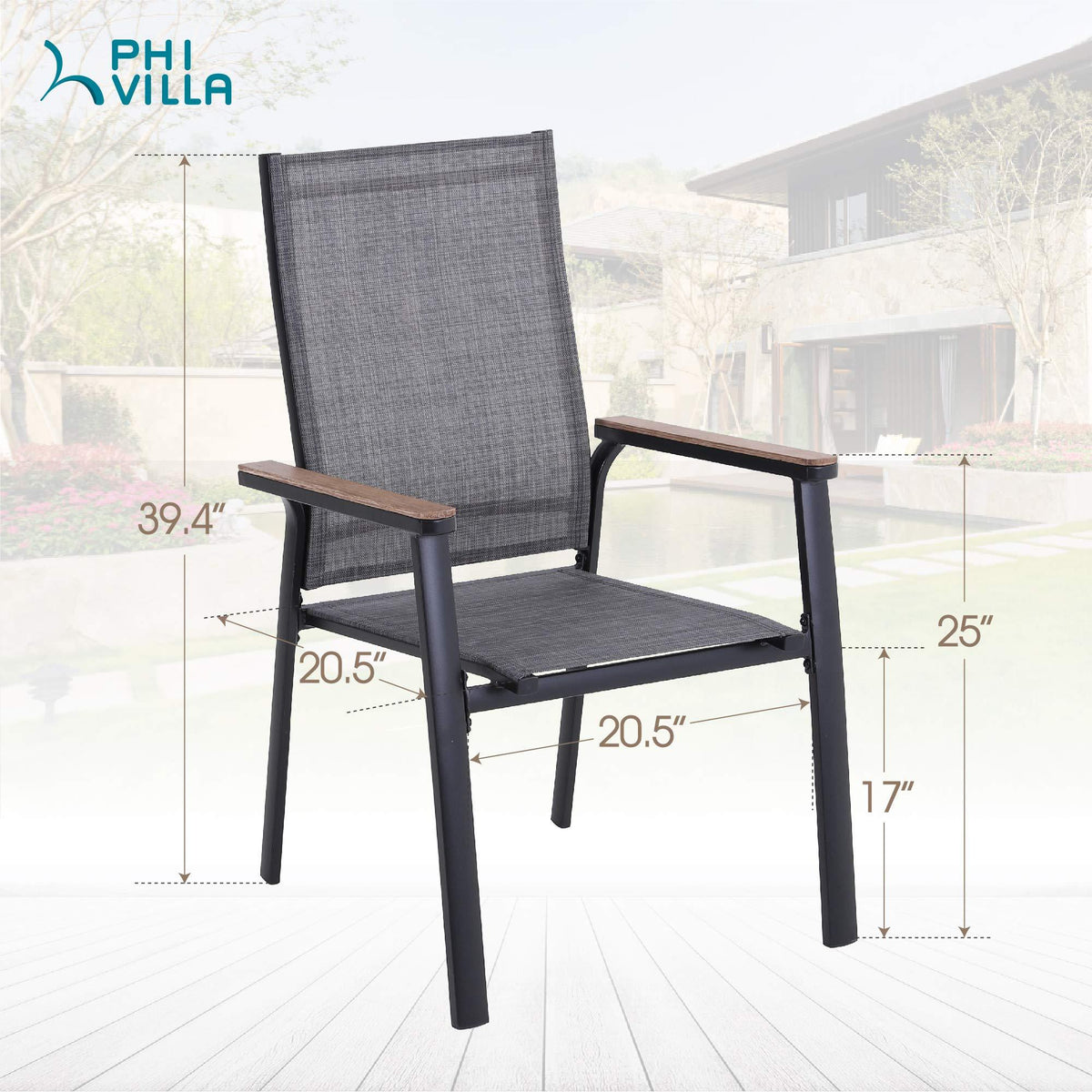 PHI VILLA Patio Dining Chairs Set of 4, Outdoor Lightweight Stackable Chair,All-Aluminum Frame and Sling Fabric, Wood-Like Armrest & Wider Seat for Deck Backyard Restaurant