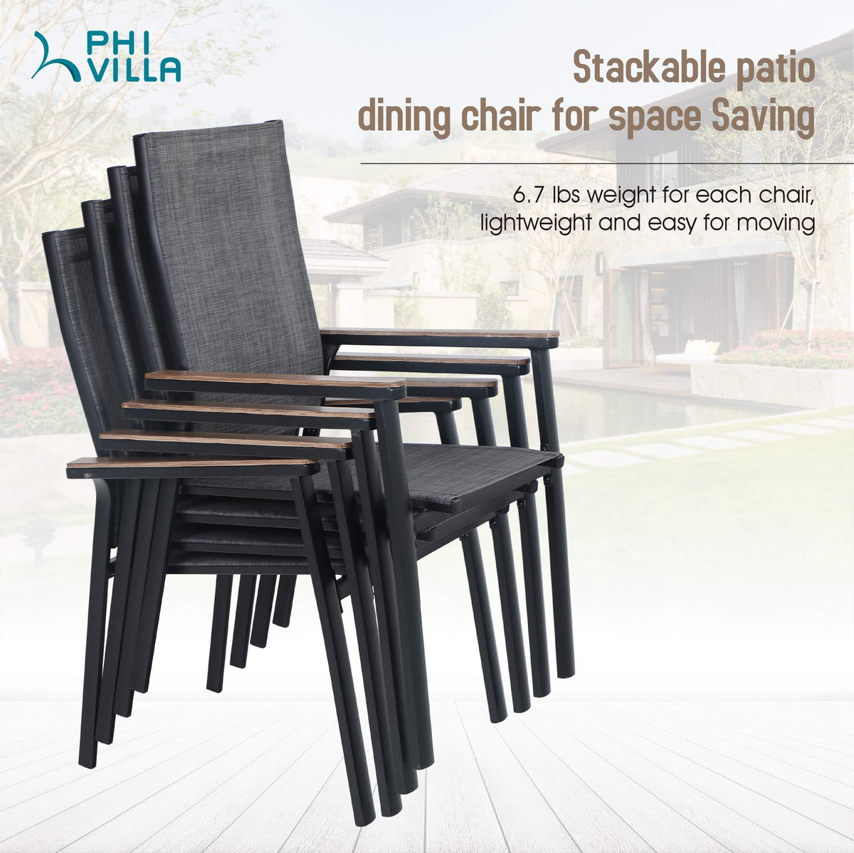 PHI VILLA Patio Dining Chairs Set of 4, Outdoor Lightweight Stackable Chair,All-Aluminum Frame and Sling Fabric, Wood-Like Armrest & Wider Seat for Deck Backyard Restaurant