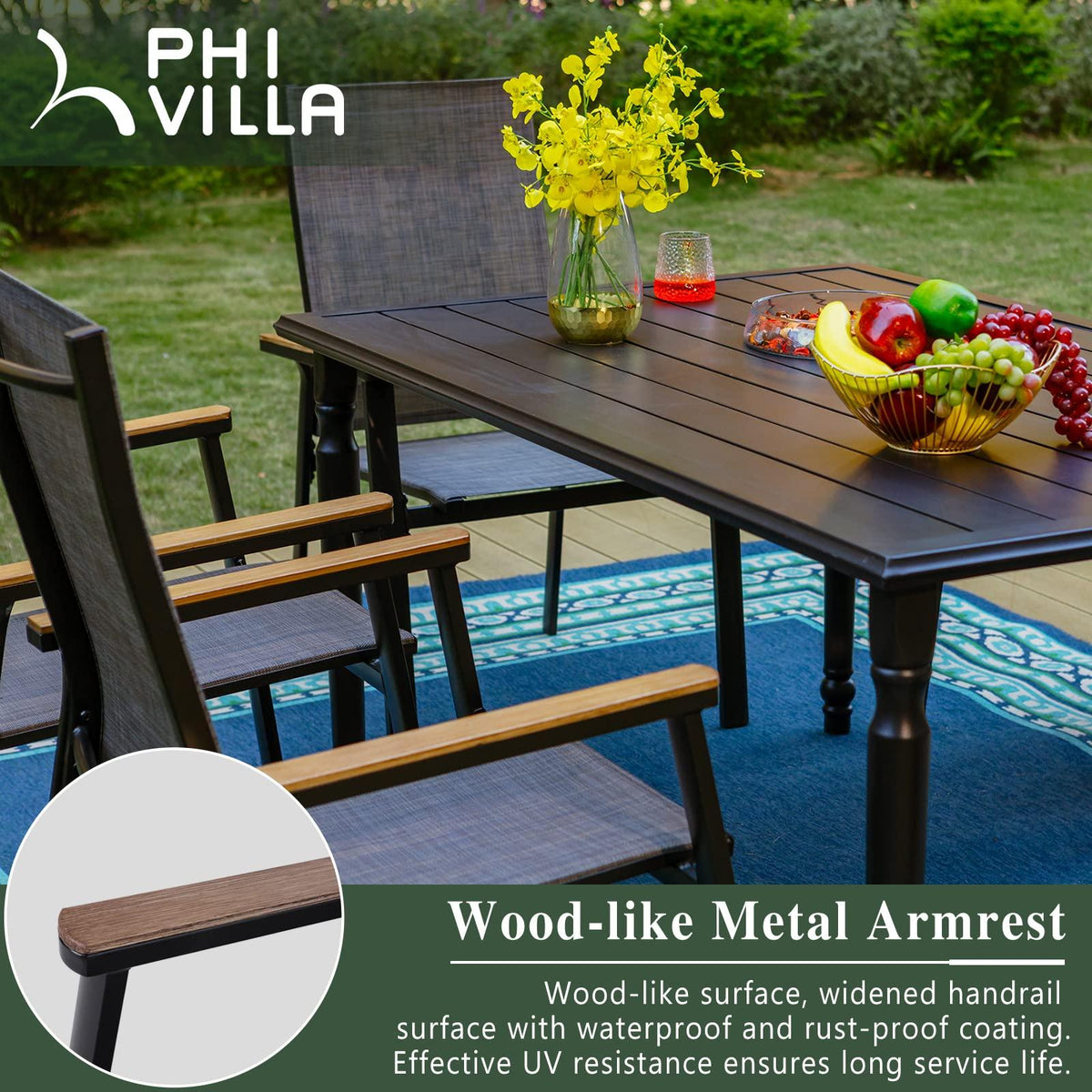 PHI VILLA Patio Dining Chairs Set of 4, Outdoor Lightweight Stackable Chair,All-Aluminum Frame and Sling Fabric, Wood-Like Armrest & Wider Seat for Deck Backyard Restaurant