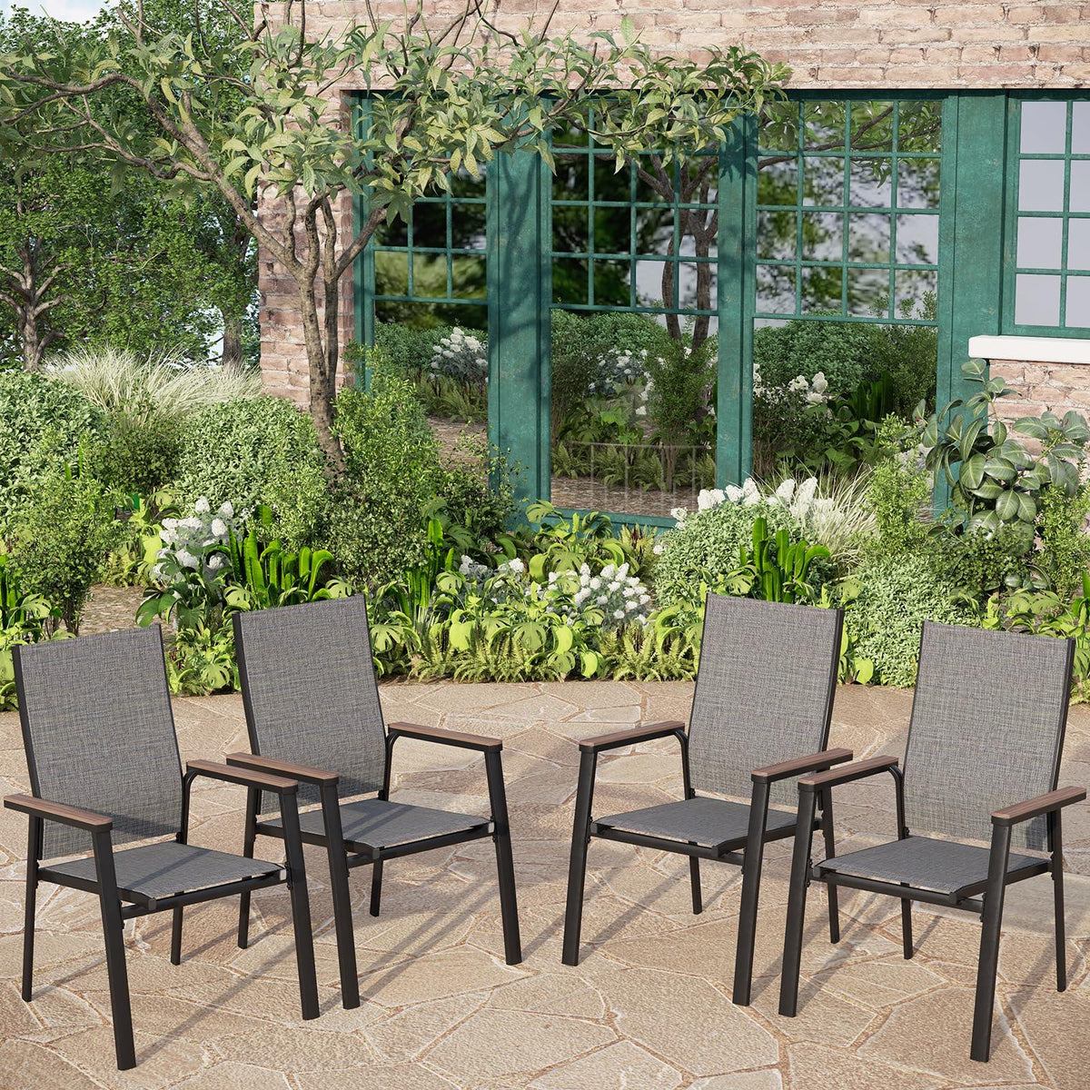 PHI VILLA Patio Dining Chairs Set of 4, Outdoor Lightweight Stackable Chair,All-Aluminum Frame and Sling Fabric, Wood-Like Armrest & Wider Seat for Deck Backyard Restaurant