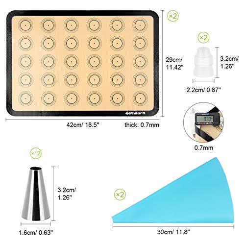 Philorn Silicone Baking Mat Set, 16.5" x 11.42" Macaron Baking Mat, Non-Stick Baking Mat with Baking Tools, 2 Pack Food Safe Baking Silicone Mat, Reusable Baking Mat for Oven, Cookie, Bread