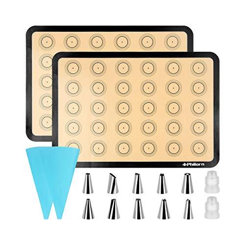 Philorn Silicone Baking Mat Set, 16.5" x 11.42" Macaron Baking Mat, Non-Stick Baking Mat with Baking Tools, 2 Pack Food Safe Baking Silicone Mat, Reusable Baking Mat for Oven, Cookie, Bread