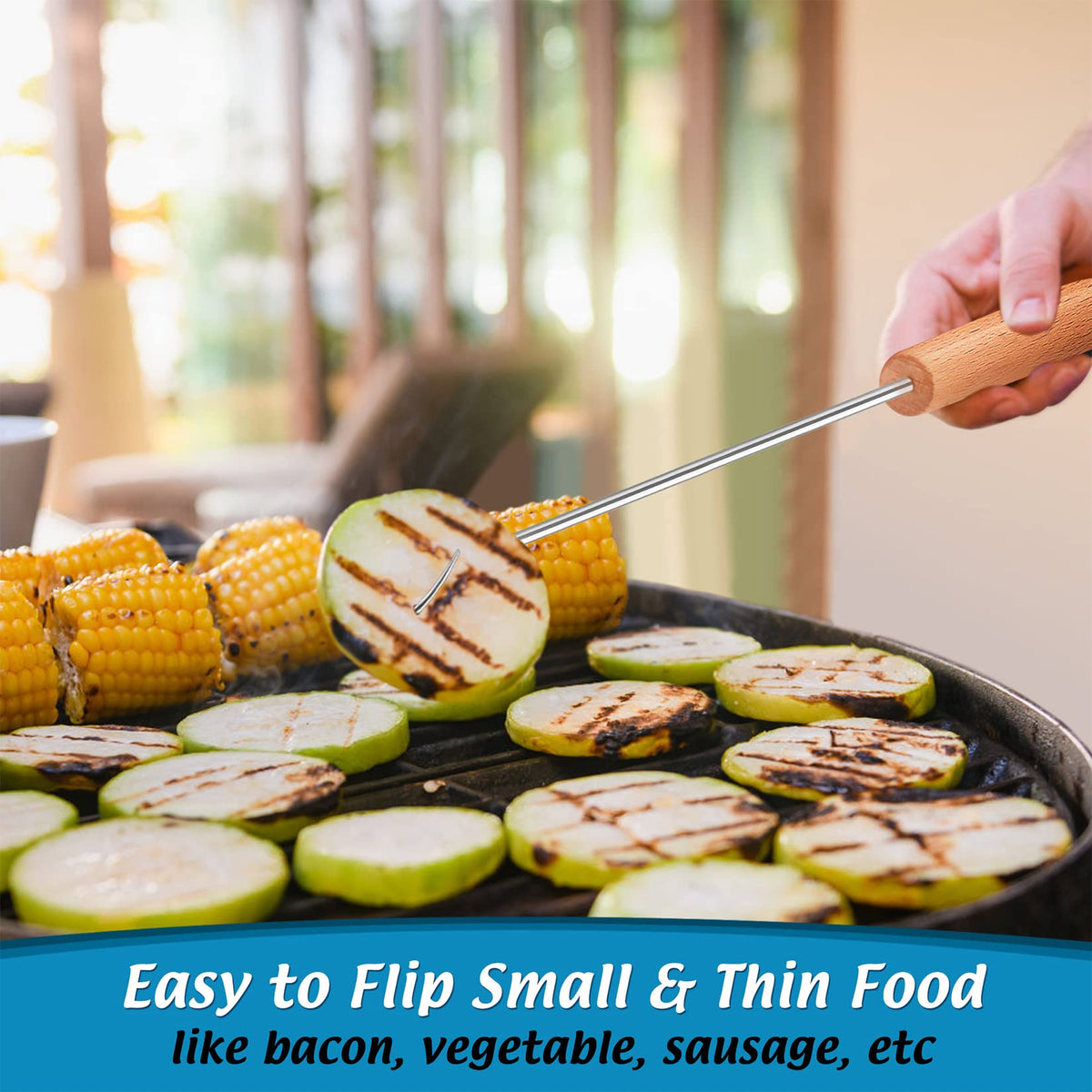 Pigtail Food Flipper Set of 2, Joyfair Stainless Steel Meat Hook & Turner Grill Tools for Outdoor BBQ Grilling & Kitchen Frying, Right Handed, Great Replacement to Tongs (12” & 17”, Wooden Handles)
