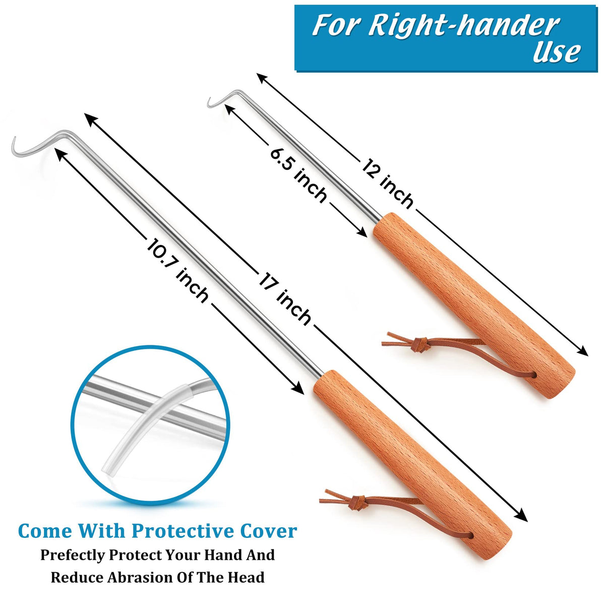 Pigtail Food Flipper Set of 2, Joyfair Stainless Steel Meat Hook & Turner Grill Tools for Outdoor BBQ Grilling & Kitchen Frying, Right Handed, Great Replacement to Tongs (12” & 17”, Wooden Handles)