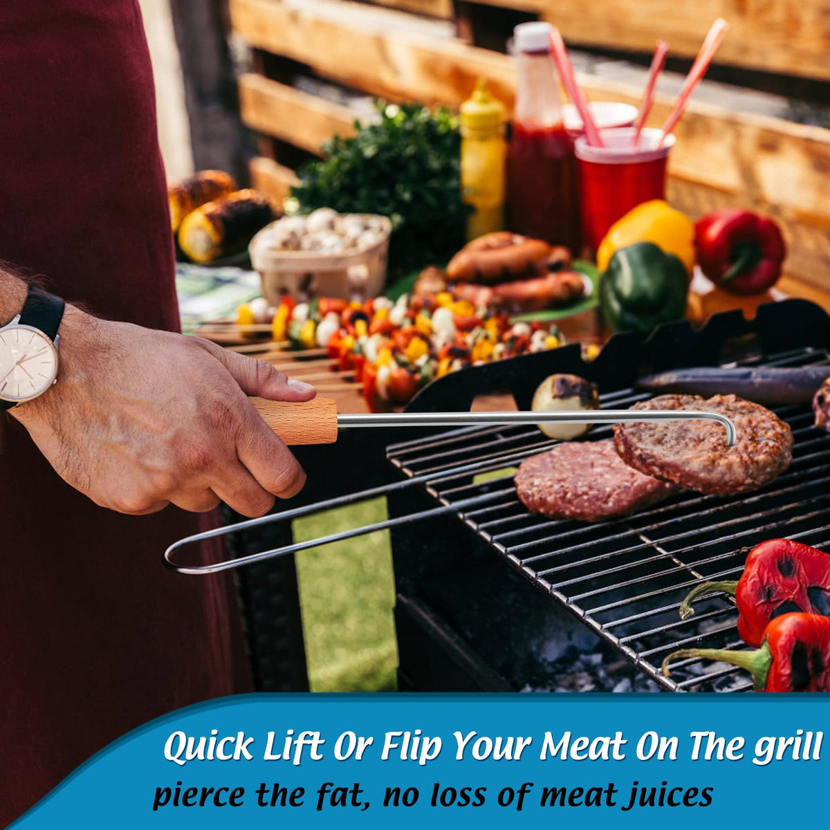 Pigtail Food Flipper Set of 2, Joyfair Stainless Steel Meat Hook & Turner Grill Tools for Outdoor BBQ Grilling & Kitchen Frying, Right Handed, Great Replacement to Tongs (12” & 17”, Wooden Handles)