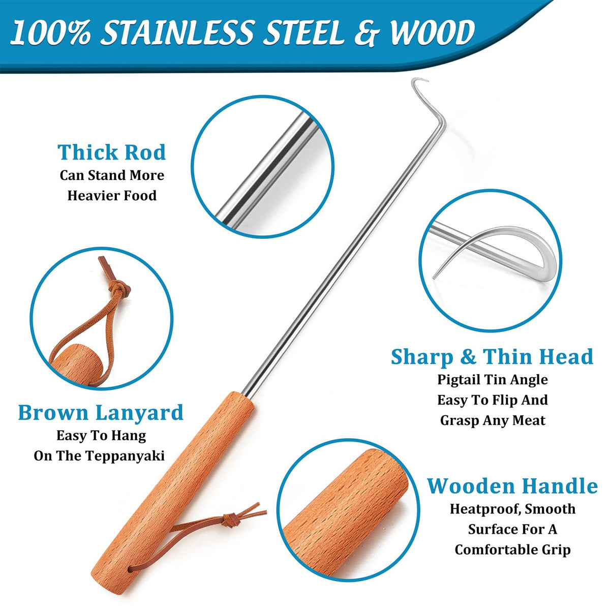 Pigtail Food Flipper Set of 2, Joyfair Stainless Steel Meat Hook & Turner Grill Tools for Outdoor BBQ Grilling & Kitchen Frying, Right Handed, Great Replacement to Tongs (12” & 17”, Wooden Handles)