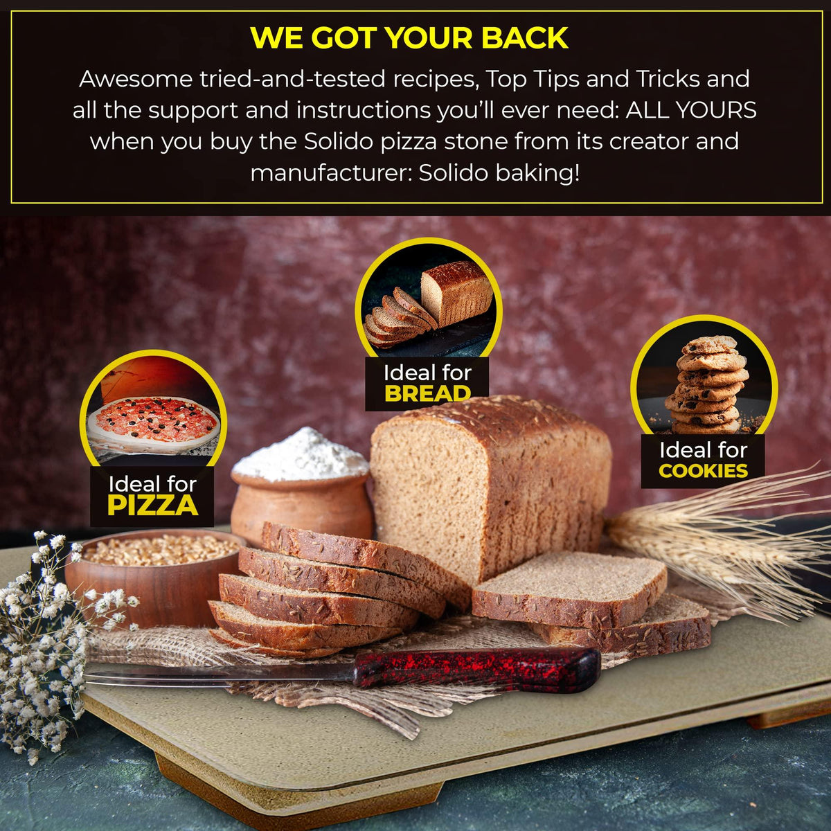 Pizza Stone - Baking Stone. SOLIDO Rectangular 14"x16" - Perfect for Oven, BBQ and Grill