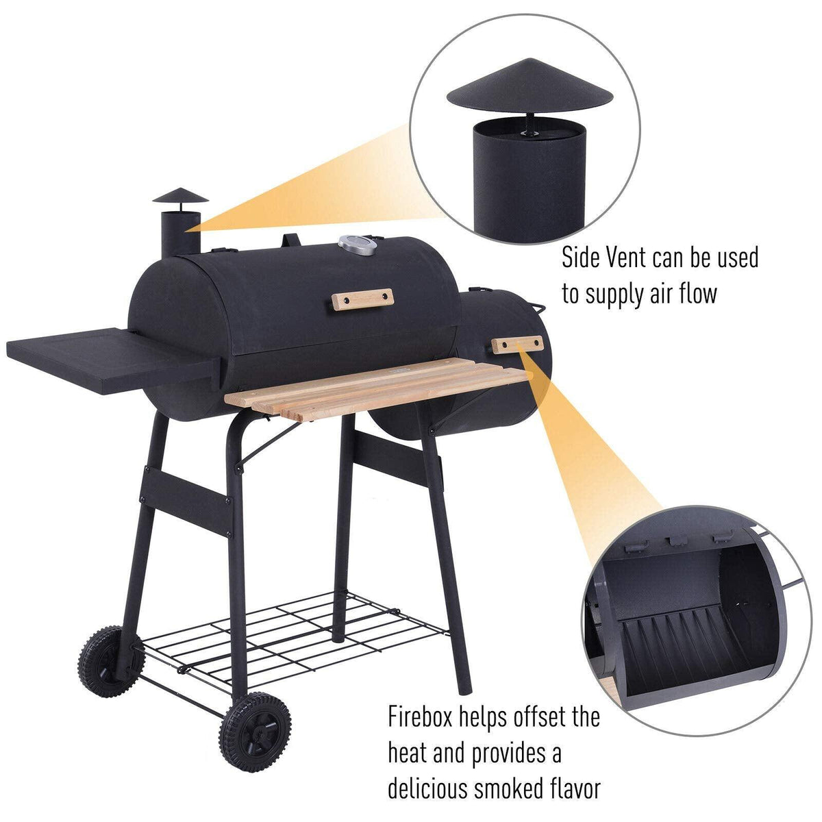 Portable Backyard Charcoal BBQ Grill and Offset Smoker Combo Backyard with Wheels Steel 48 Inch