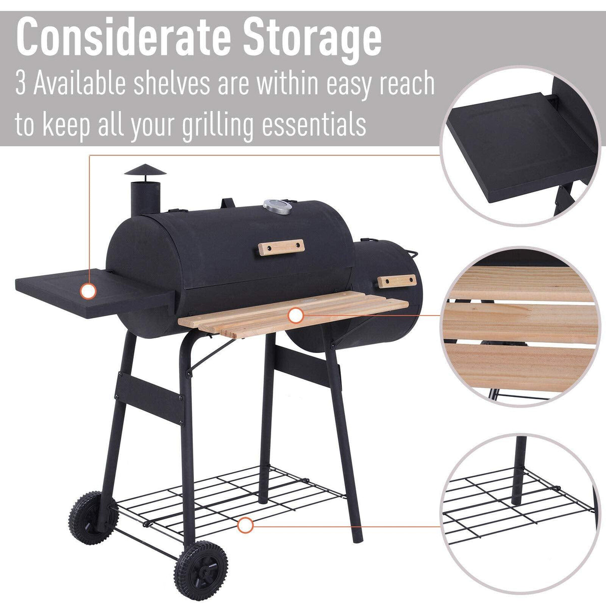 Portable Backyard Charcoal BBQ Grill and Offset Smoker Combo Backyard with Wheels Steel 48 Inch