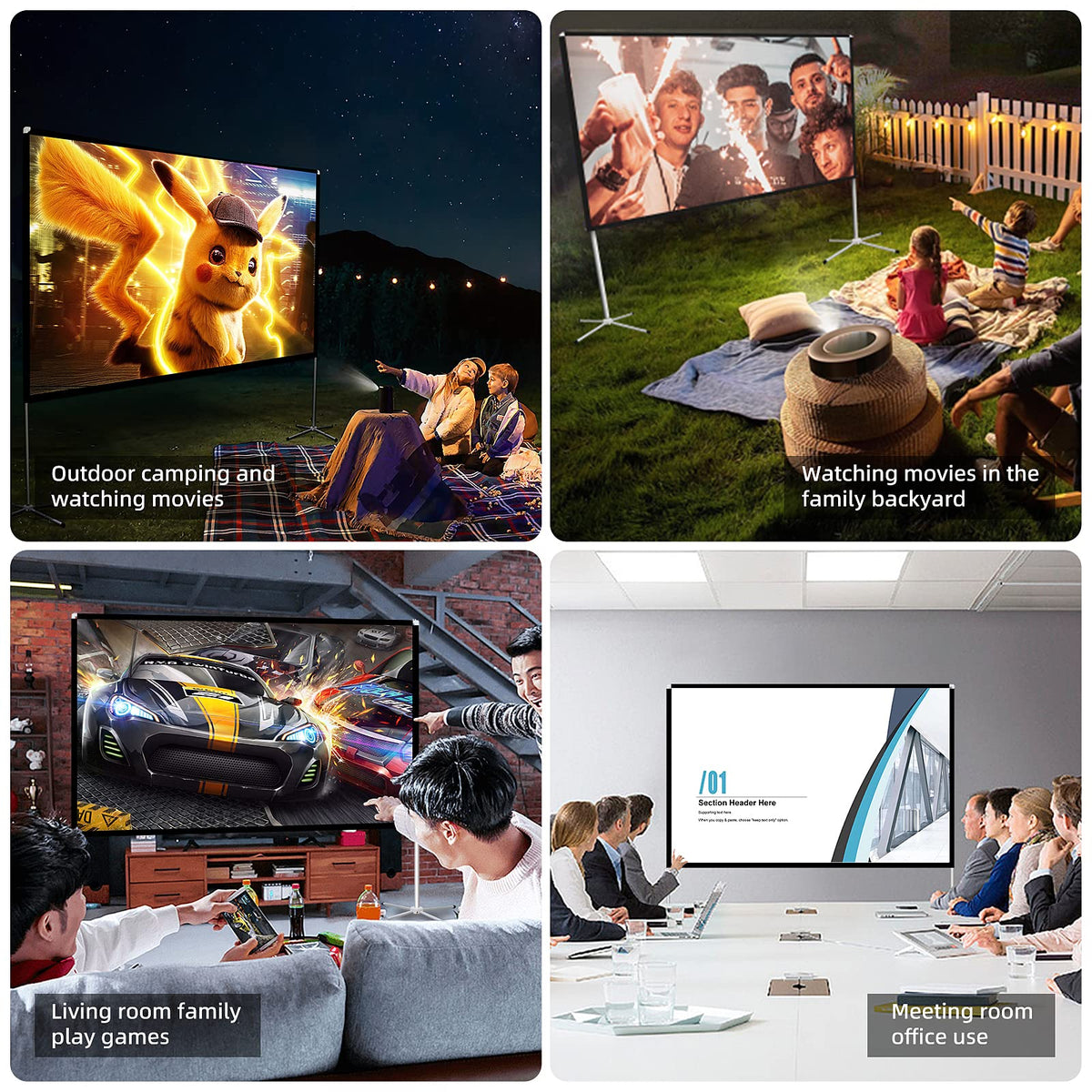 Portable Projector Screen with Stand Outdoor: Camping Projection Screen 80 inch 4K Movie Screen for Home Backyard Indoor 16:9 HD Night