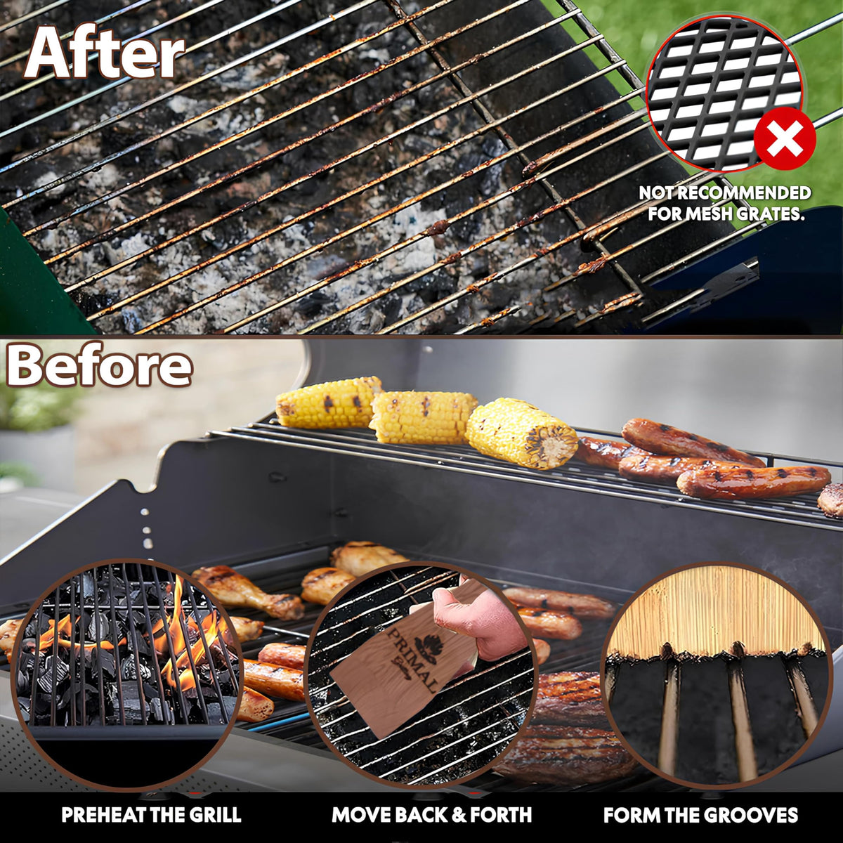PRIMAL GRILLING Combination Cedar BBQ Grill Scraper (1 x 12 & 1 x 18) - Natural, Bristle & Wire Free