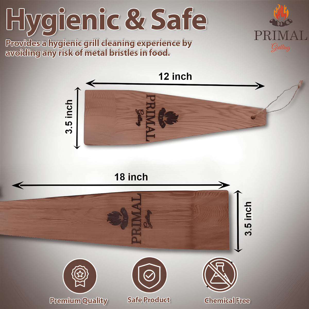 PRIMAL GRILLING Combination Cedar BBQ Grill Scraper (1 x 12 & 1 x 18) - Natural, Bristle & Wire Free