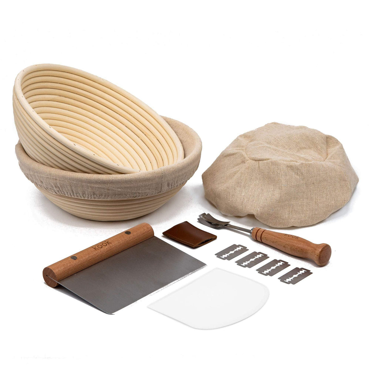 Proofing Set, by Kook, Sourdough Bread, 2 Rattan 9 Inch Banneton Baskets, 2 Basket Covers, Metal Scraper, Plastic Scraper, Scoring Lame, 5 Blades and Case, Baking Kit, Dough Bowls, Round Shape