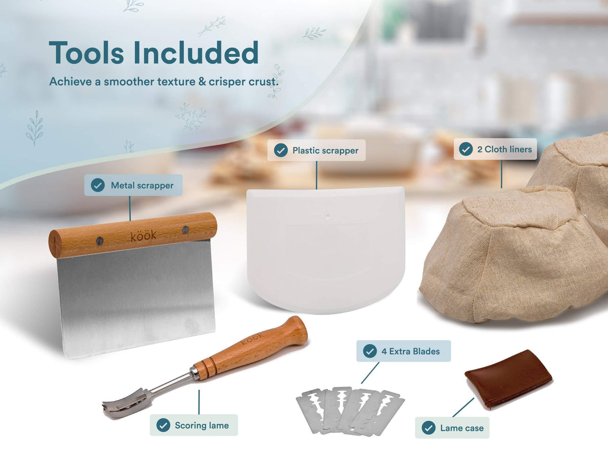 Proofing Set, by Kook, Sourdough Bread, 2 Rattan 9 Inch Banneton Baskets, 2 Basket Covers, Metal Scraper, Plastic Scraper, Scoring Lame, 5 Blades and Case, Baking Kit, Dough Bowls, Round Shape