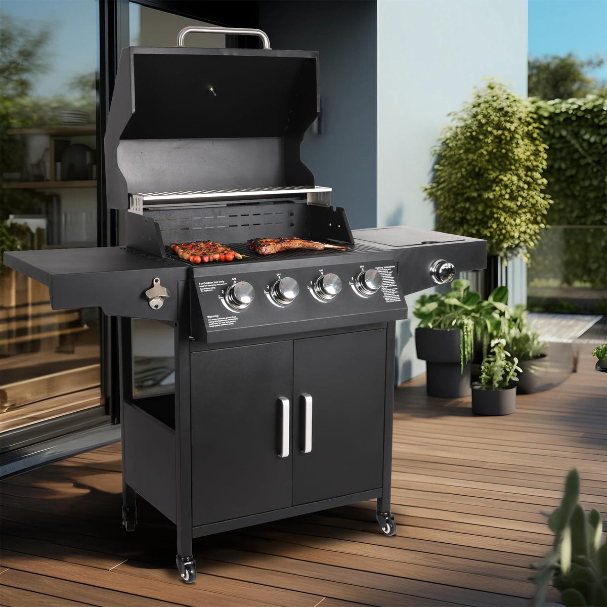 Propane Gas Grill Steel Grill Cart with 4 Burners, Side Burner, Side Table Outdoor Cooking Barbecue Grill