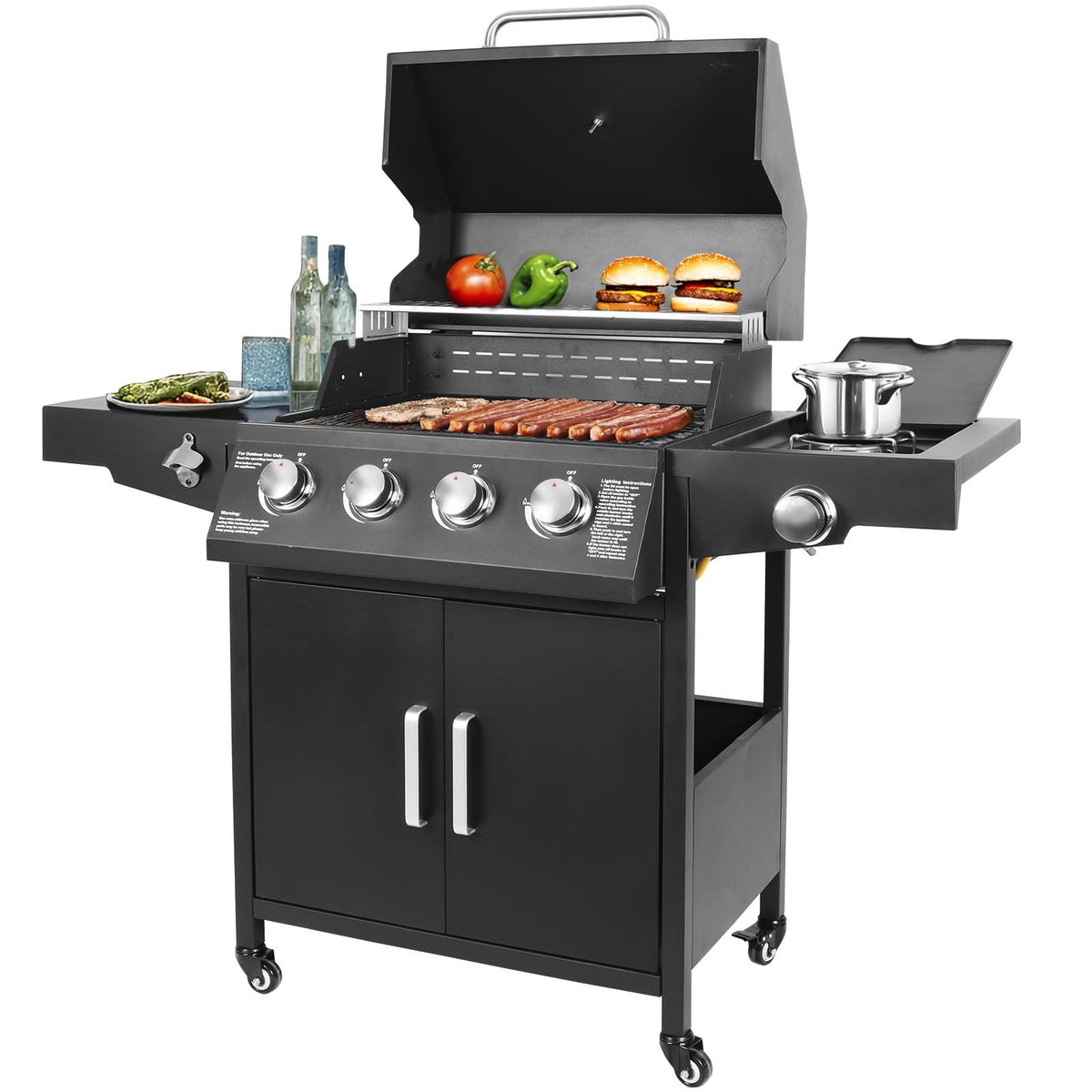 Propane Gas Grill Steel Grill Cart with 4 Burners, Side Burner, Side Table Outdoor Cooking Barbecue Grill
