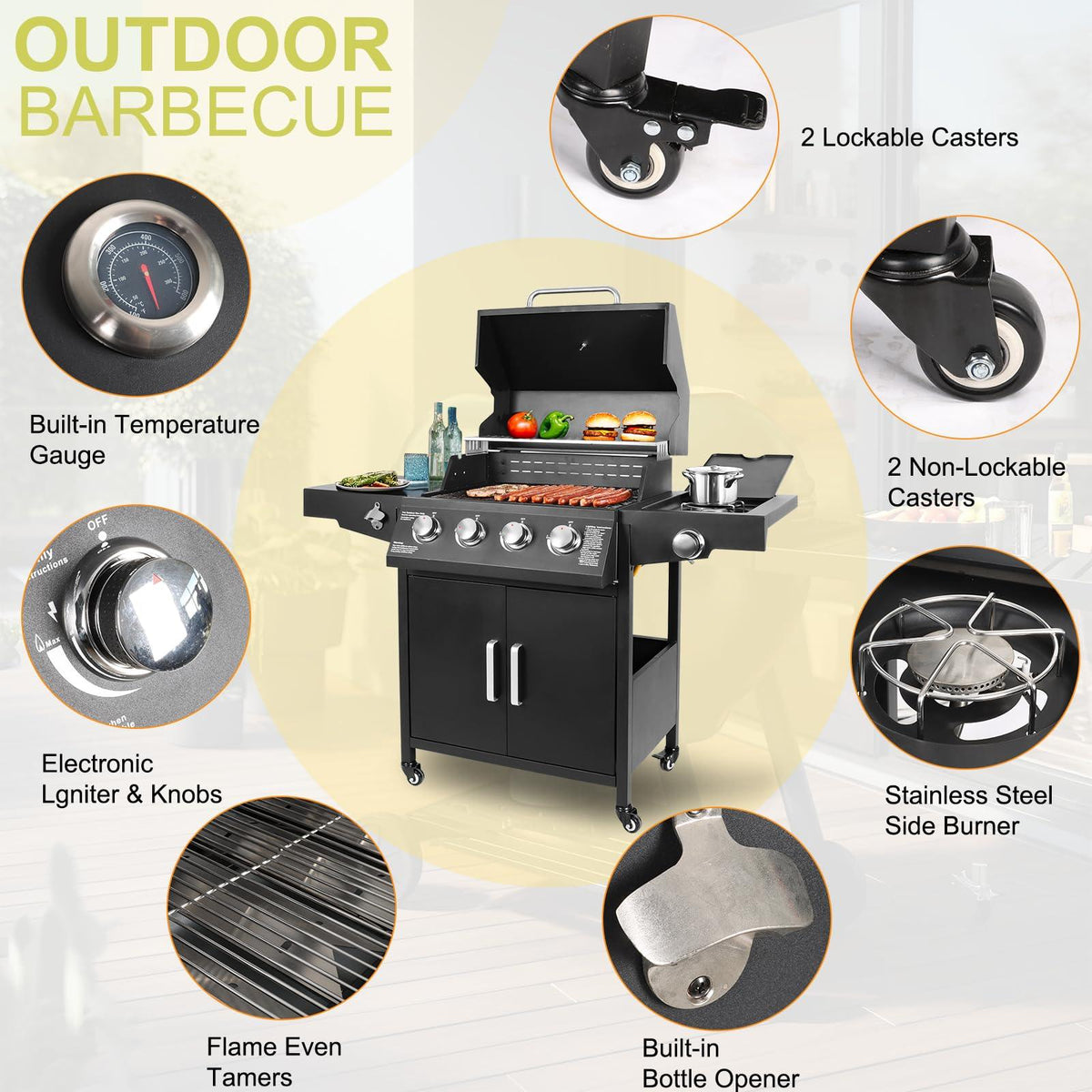Propane Gas Grill Steel Grill Cart with 4 Burners, Side Burner, Side Table Outdoor Cooking Barbecue Grill