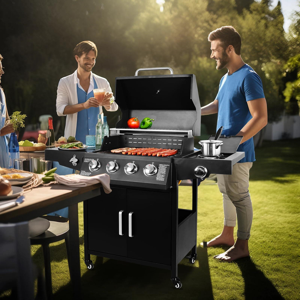 Propane Gas Grill Steel Grill Cart with 4 Burners, Side Burner, Side Table Outdoor Cooking Barbecue Grill