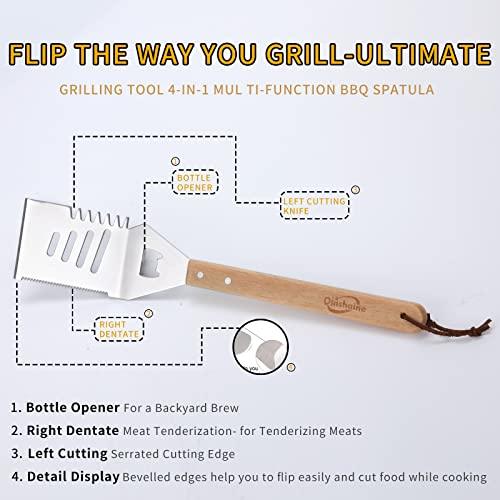 Qinshaine 4-in-1 BBQ Spatula, Multifunction Grill Spatula with Wooden Handle, perfect for BBQ grills and kebabs for camping picnics