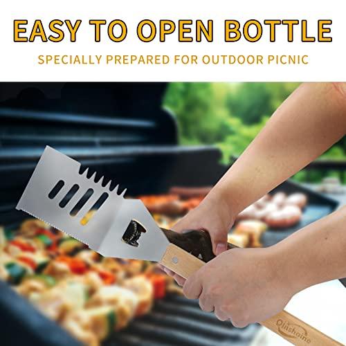 Qinshaine 4-in-1 BBQ Spatula, Multifunction Grill Spatula with Wooden Handle, perfect for BBQ grills and kebabs for camping picnics