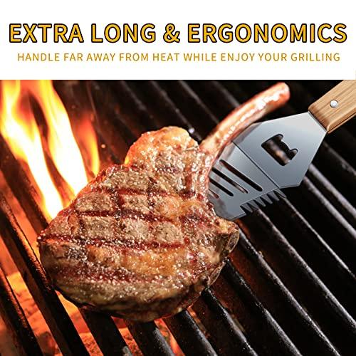 Qinshaine 4-in-1 BBQ Spatula, Multifunction Grill Spatula with Wooden Handle, perfect for BBQ grills and kebabs for camping picnics