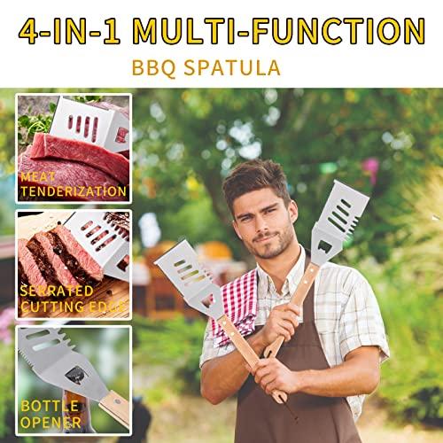 Qinshaine 4-in-1 BBQ Spatula, Multifunction Grill Spatula with Wooden Handle, perfect for BBQ grills and kebabs for camping picnics