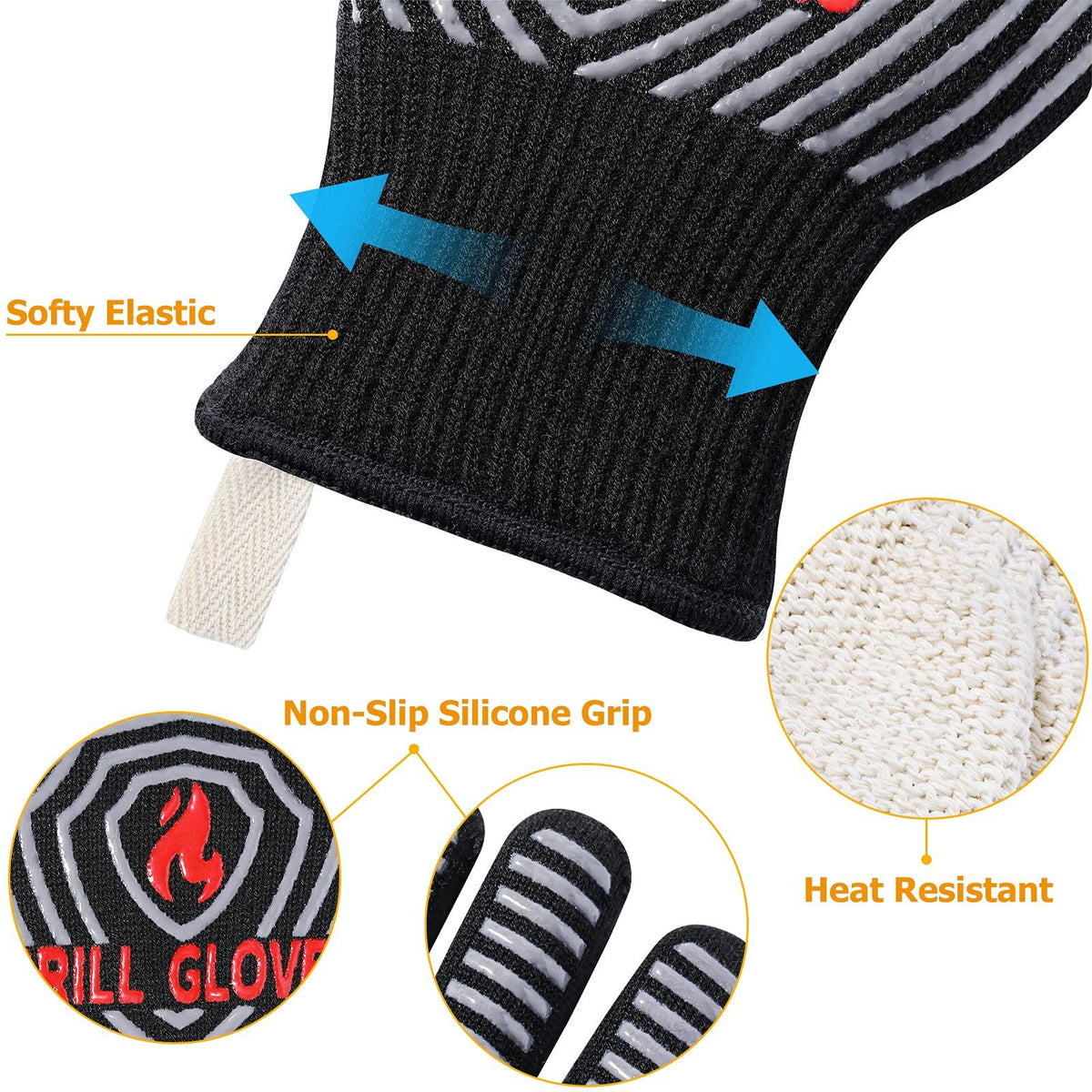 QUWIN BBQ Gloves, 1472℉ Extreme Heat Resistant, Silicone Non-Slip Oven Mitts, Kitchen Gloves for Grilling, Cooking, Baking-1 Pair… (One Size Fits Most, Black)