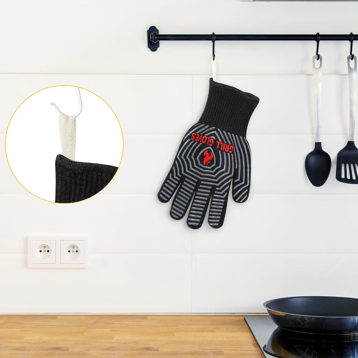 QUWIN BBQ Gloves, 1472℉ Extreme Heat Resistant, Silicone Non-Slip Oven Mitts, Kitchen Gloves for Grilling, Cooking, Baking-1 Pair… (One Size Fits Most, Black)