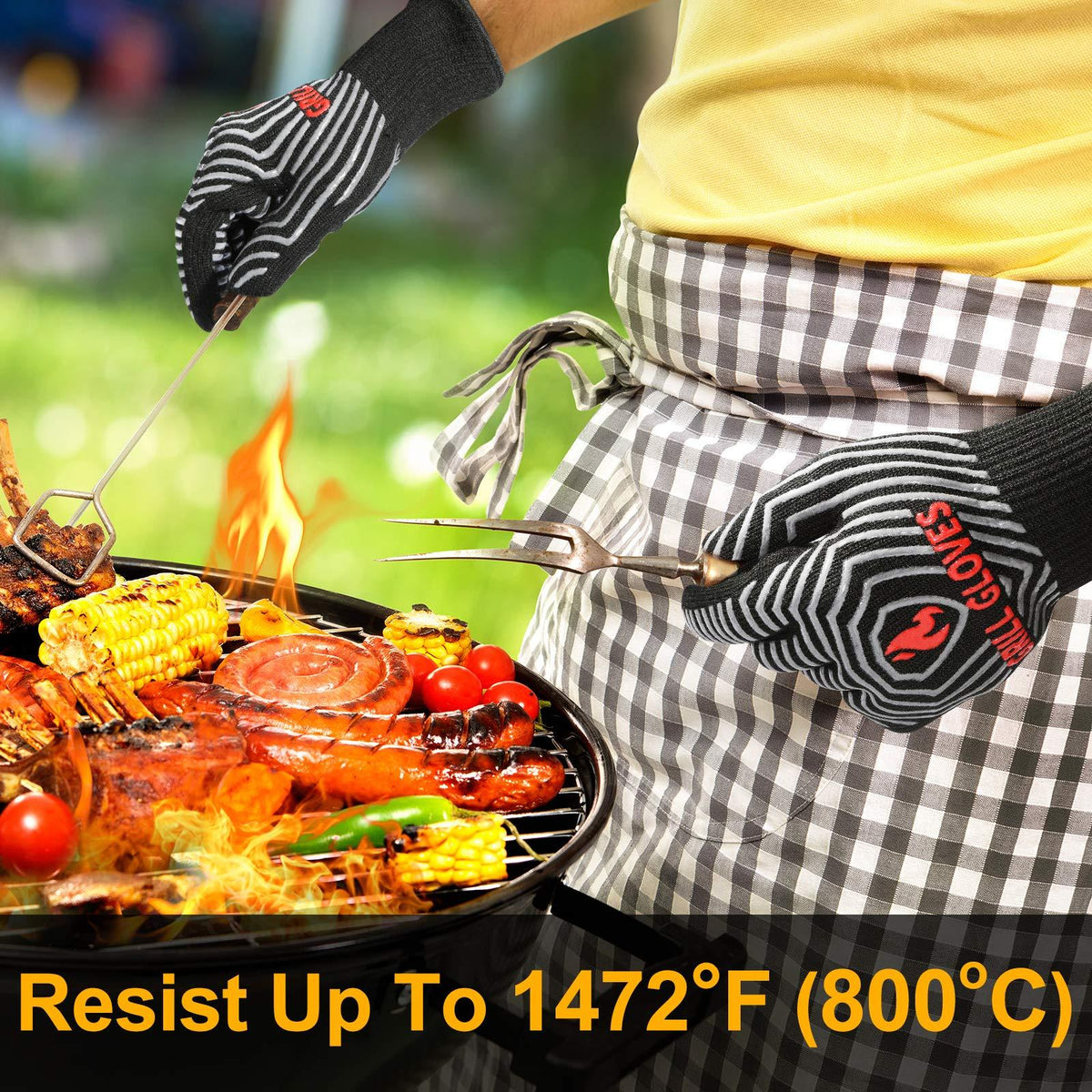 QUWIN BBQ Gloves, 1472℉ Extreme Heat Resistant, Silicone Non-Slip Oven Mitts, Kitchen Gloves for Grilling, Cooking, Baking-1 Pair… (One Size Fits Most, Black)