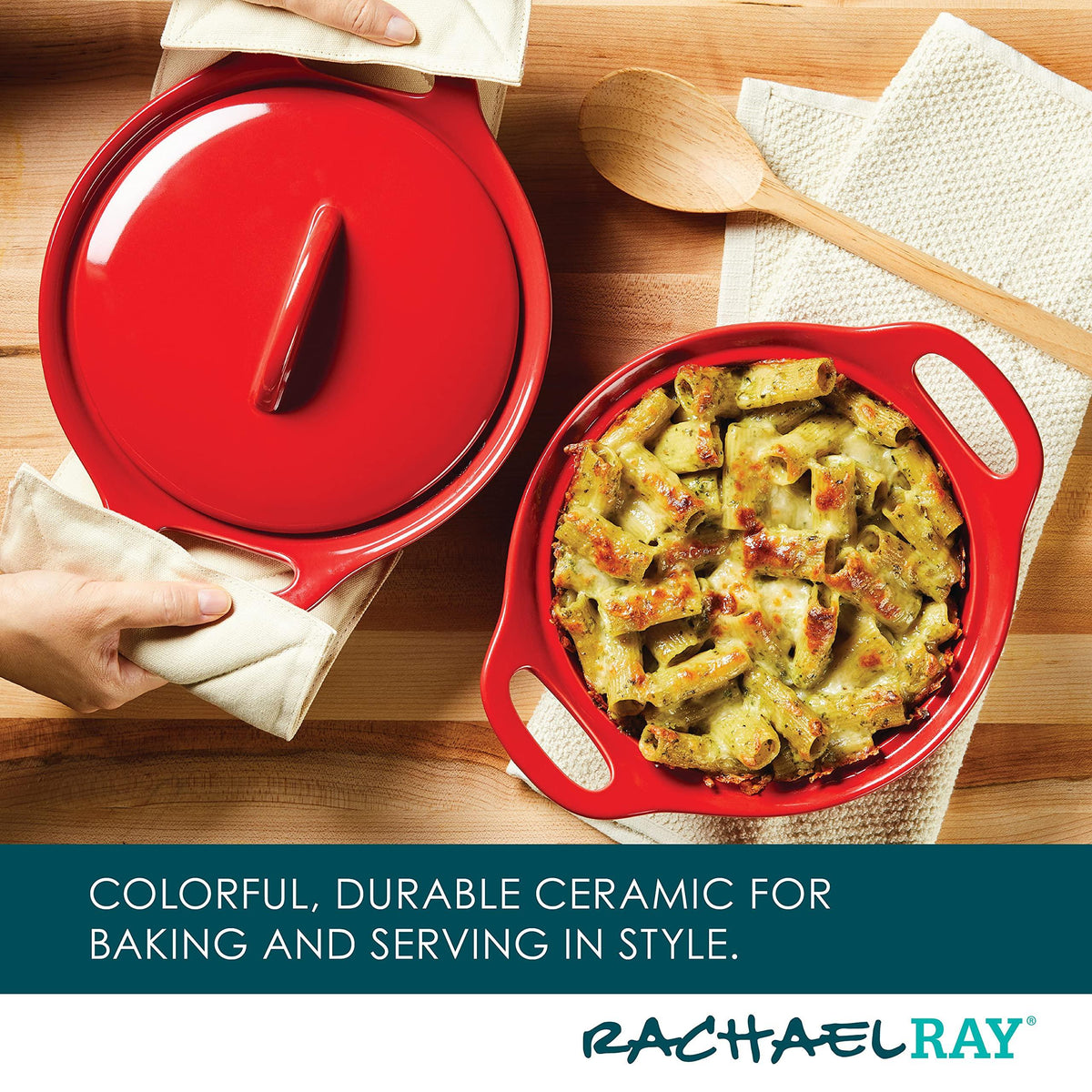 Rachael Ray Solid Glaze Ceramics Casserole Bakers/Baking Dish with Shared Lid Set, 3 Piece, Red