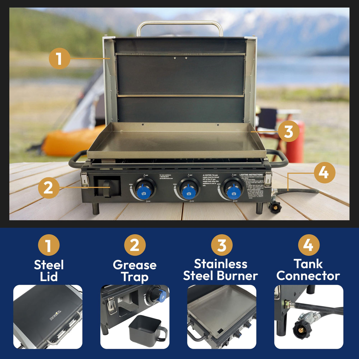 Razor Griddle Gas Grill & Griddle for Backyard Cooking and Camping, Portable Tabletop Stove