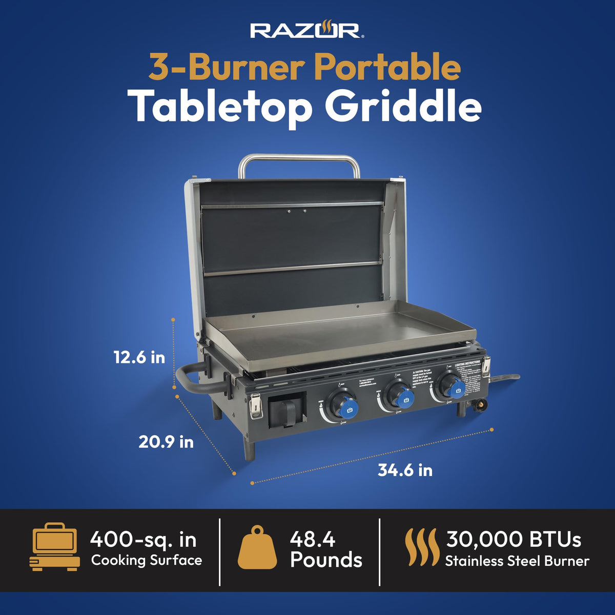 Razor Griddle Gas Grill & Griddle for Backyard Cooking and Camping, Portable Tabletop Stove