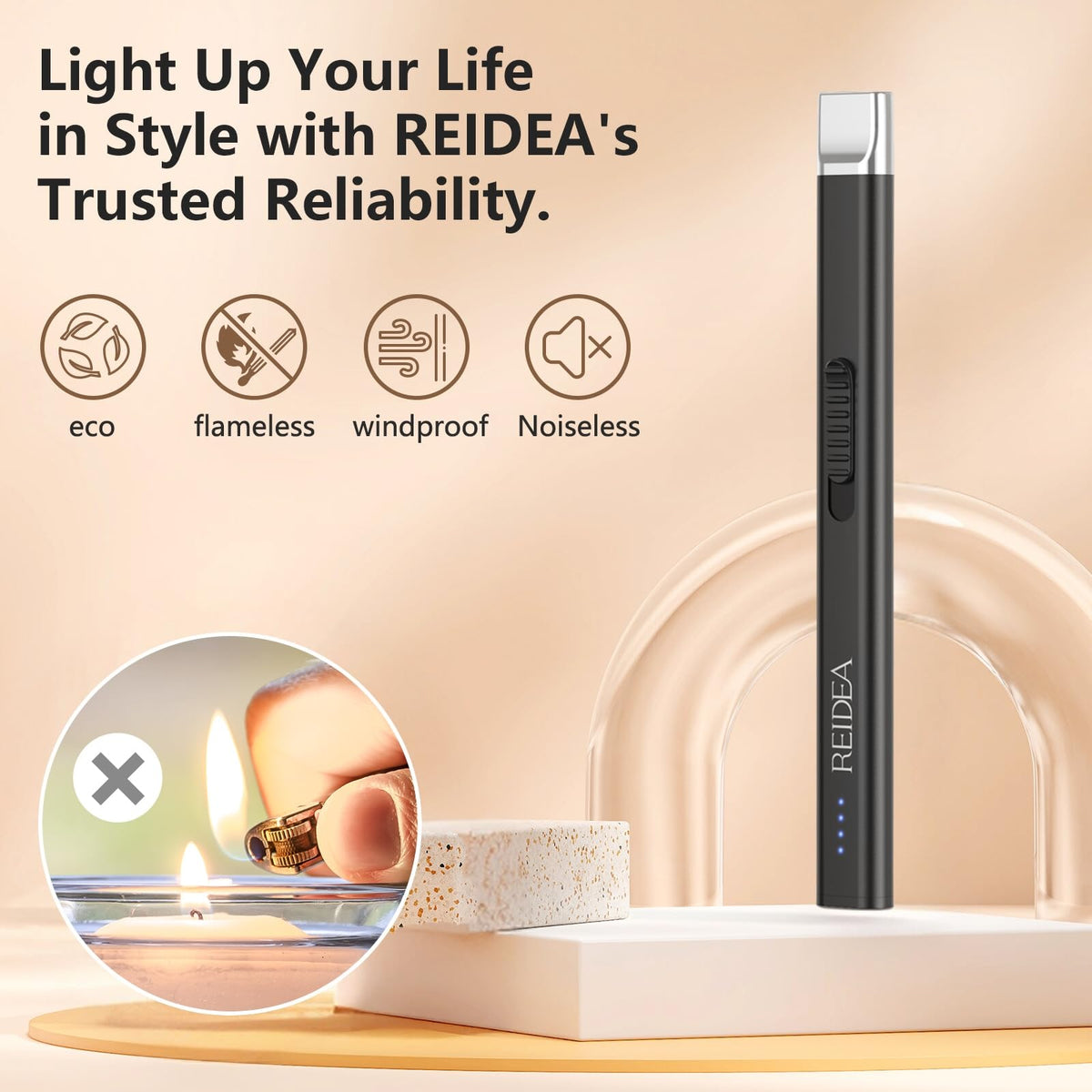 REIDEA Electric Candle Lighter, Windproof Flameless USB Rechargeable Arc Lighter with Safe Button and Power Indicator for Candle, BBQ and Fireworks, R1 Flat, Obsidian Black