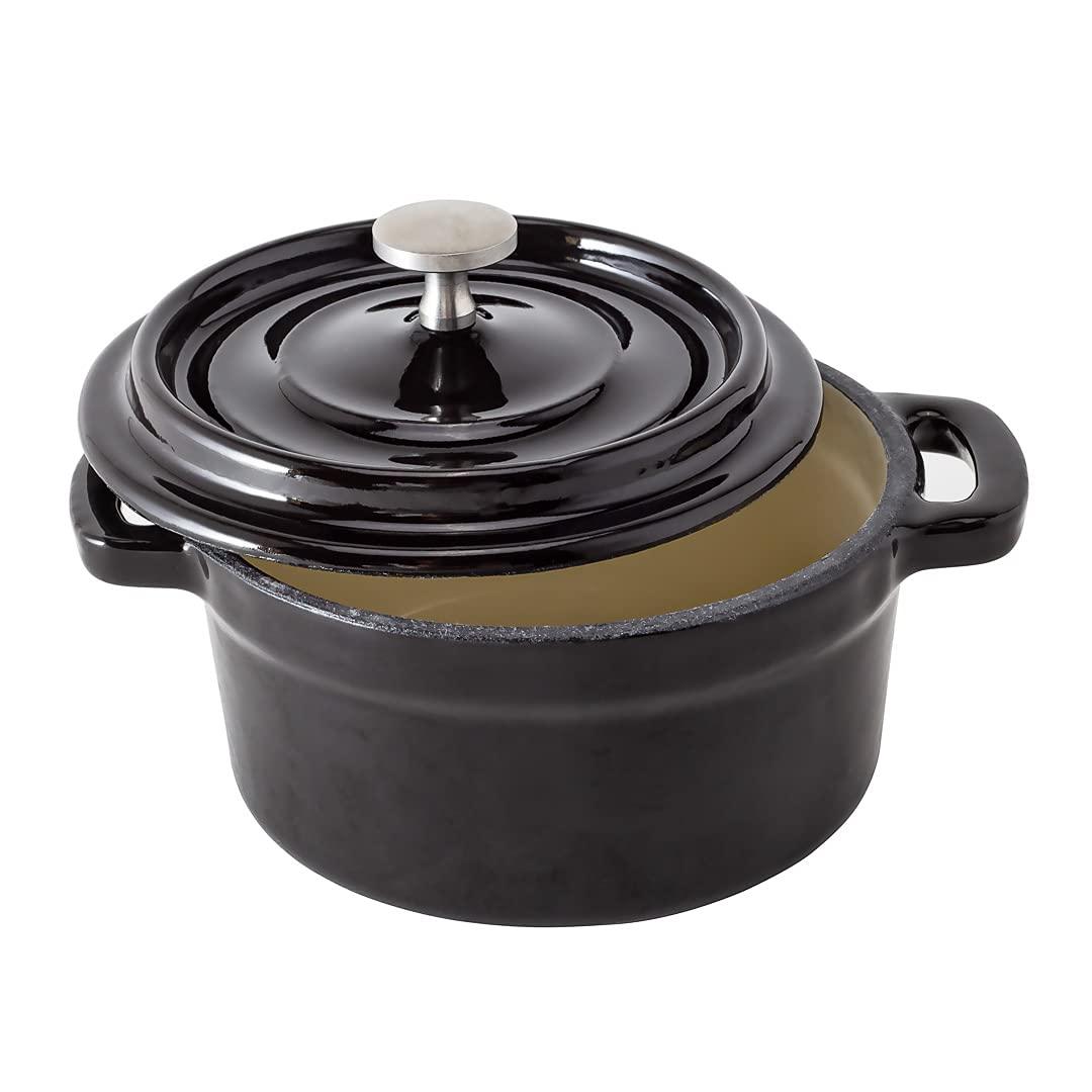 Restaurantware 8 Ounce Mini Casserole Dish, 1 Mini Dutch Oven With Lid - Enameled, Round, Black Cast Iron Mini Cocotte, Heavy-Duty, For Baking, Braising, or Roasting