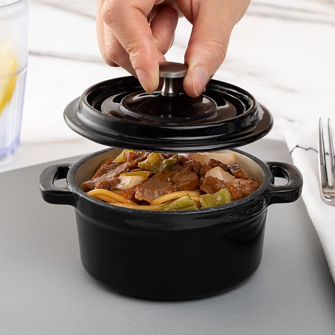 Restaurantware 8 Ounce Mini Casserole Dish, 1 Mini Dutch Oven With Lid - Enameled, Round, Black Cast Iron Mini Cocotte, Heavy-Duty, For Baking, Braising, or Roasting