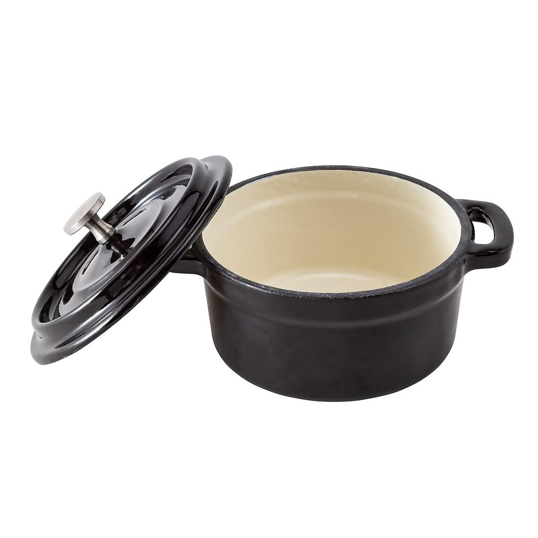 Restaurantware 8 Ounce Mini Casserole Dish, 1 Mini Dutch Oven With Lid - Enameled, Round, Black Cast Iron Mini Cocotte, Heavy-Duty, For Baking, Braising, or Roasting