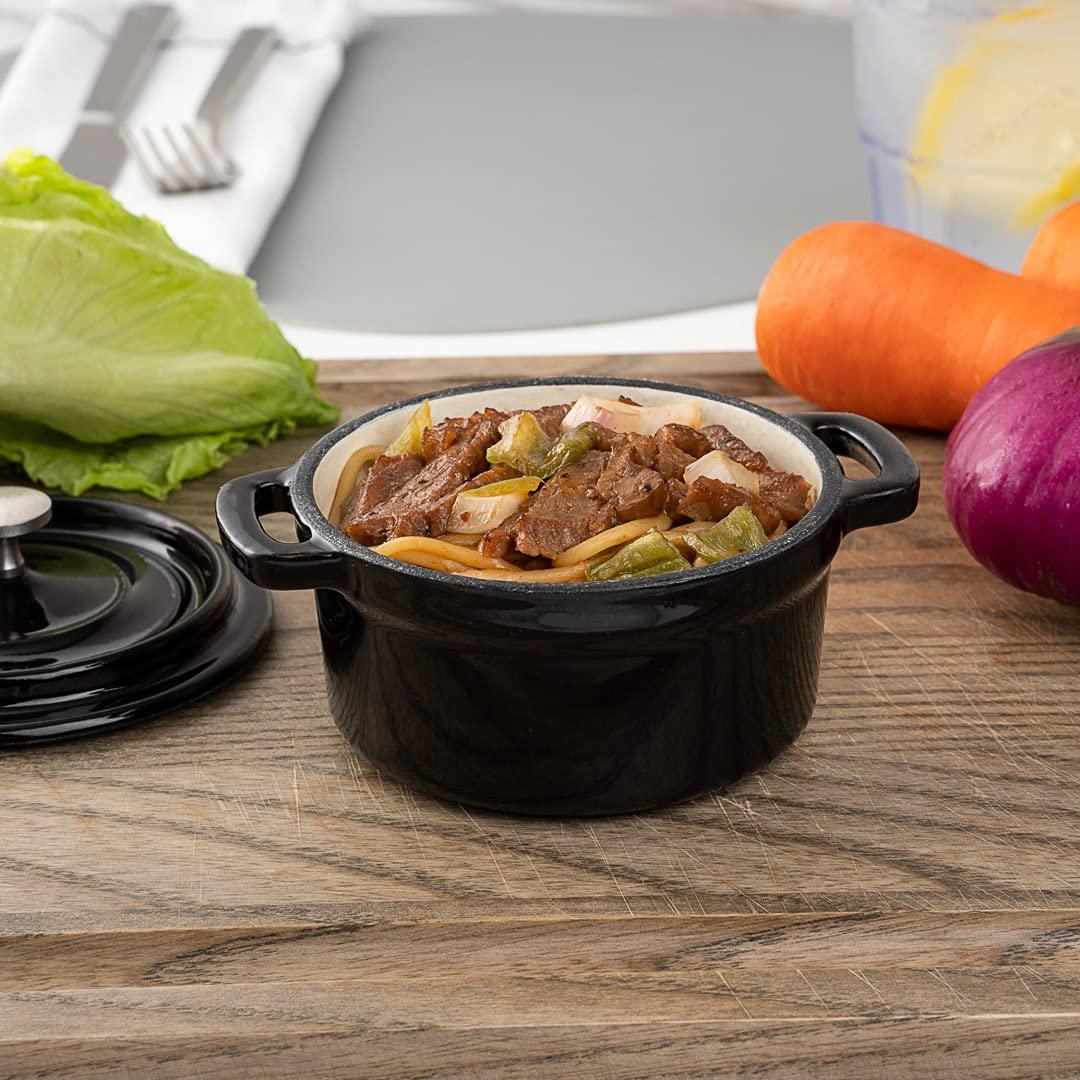 Restaurantware 8 Ounce Mini Casserole Dish, 1 Mini Dutch Oven With Lid - Enameled, Round, Black Cast Iron Mini Cocotte, Heavy-Duty, For Baking, Braising, or Roasting