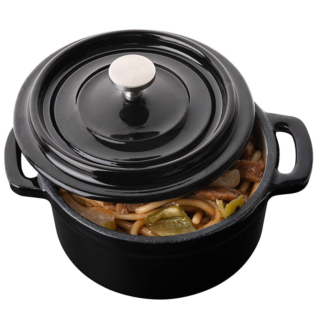 Restaurantware 8 Ounce Mini Casserole Dish, 1 Mini Dutch Oven With Lid - Enameled, Round, Black Cast Iron Mini Cocotte, Heavy-Duty, For Baking, Braising, or Roasting