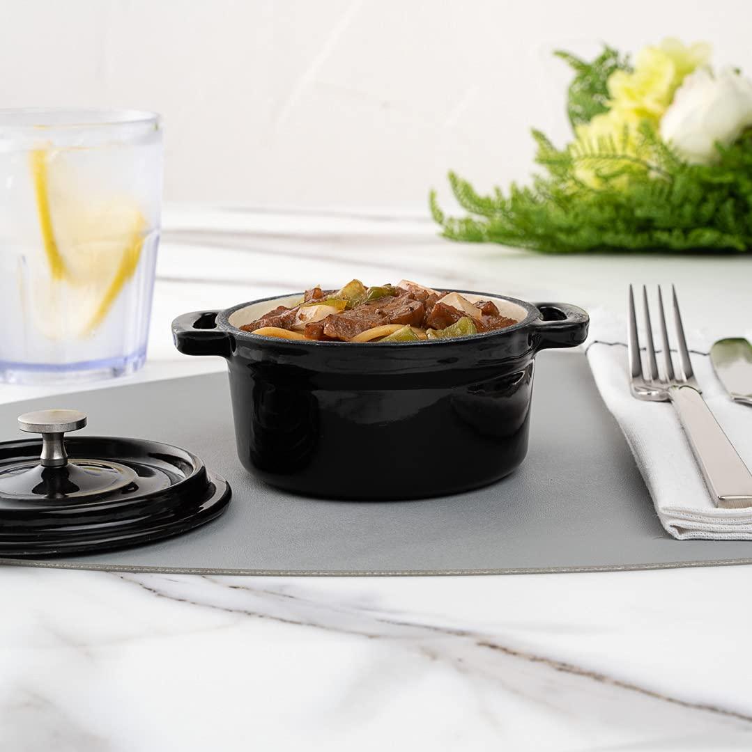 Restaurantware 8 Ounce Mini Casserole Dish, 1 Mini Dutch Oven With Lid - Enameled, Round, Black Cast Iron Mini Cocotte, Heavy-Duty, For Baking, Braising, or Roasting