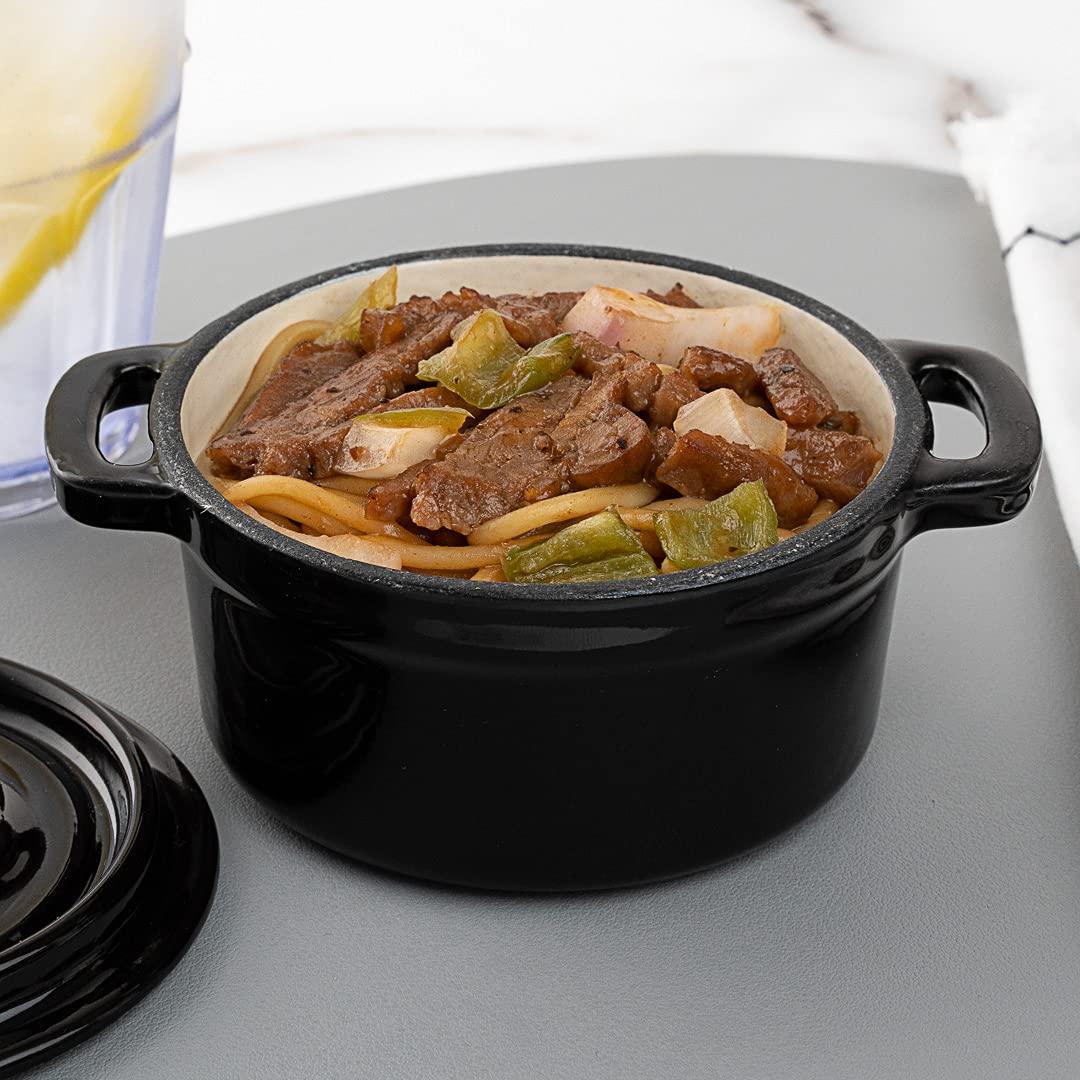 Restaurantware 8 Ounce Mini Casserole Dish, 1 Mini Dutch Oven With Lid - Enameled, Round, Black Cast Iron Mini Cocotte, Heavy-Duty, For Baking, Braising, or Roasting