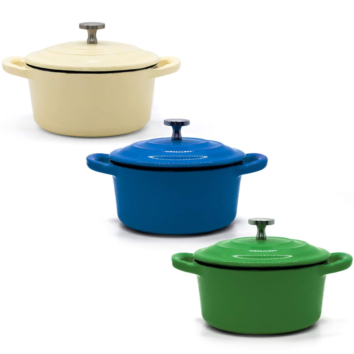RJ Legend 8.5 oz. Mini Cocotte with Lid, Set of 3 Small Dutch Oven for Baking, Enameled Cast Iron Ramekin, 0.25 Quart, Blue/Green/White, 3pcs