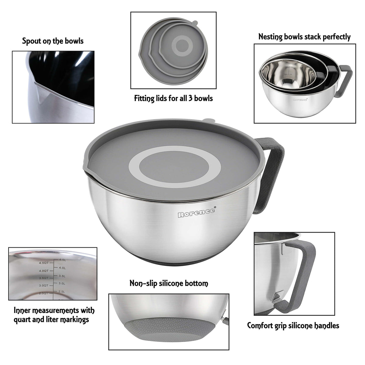 Rorence Mixing Bowls Set: Stainless Steel Non-Slip Bowls with Pour Spout, Handle and Lid - Set of 3 - Gray