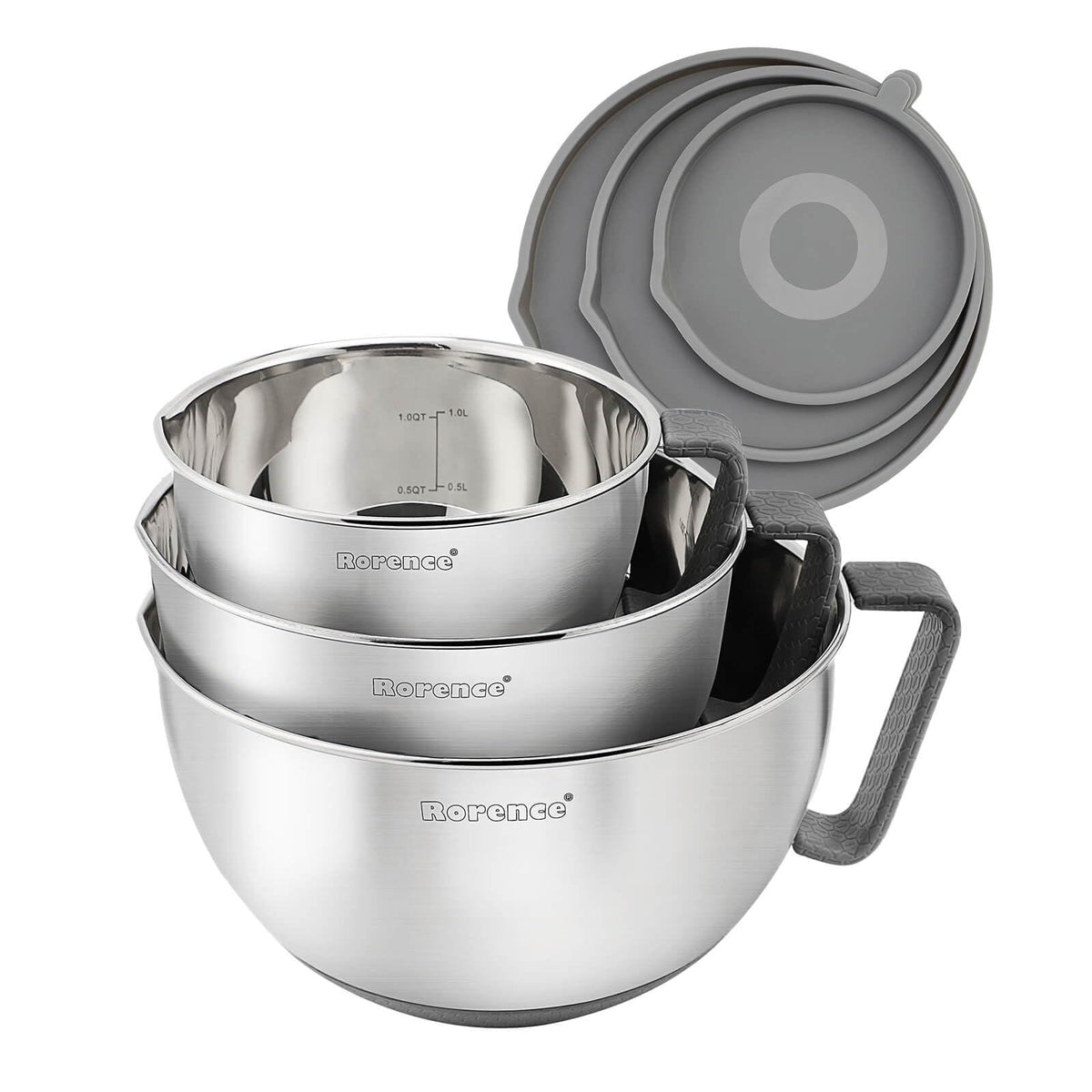 Rorence Mixing Bowls Set: Stainless Steel Non-Slip Bowls with Pour Spout, Handle and Lid - Set of 3 - Gray