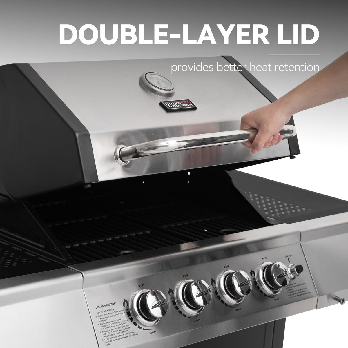 Royal Gourmet 4-Burner Propane Gas Grill with Warming Rack, Outdoor BBQ Grill with 34,000 BTUs Output for Patio Garden Barbecue Grilling, Black & Silver