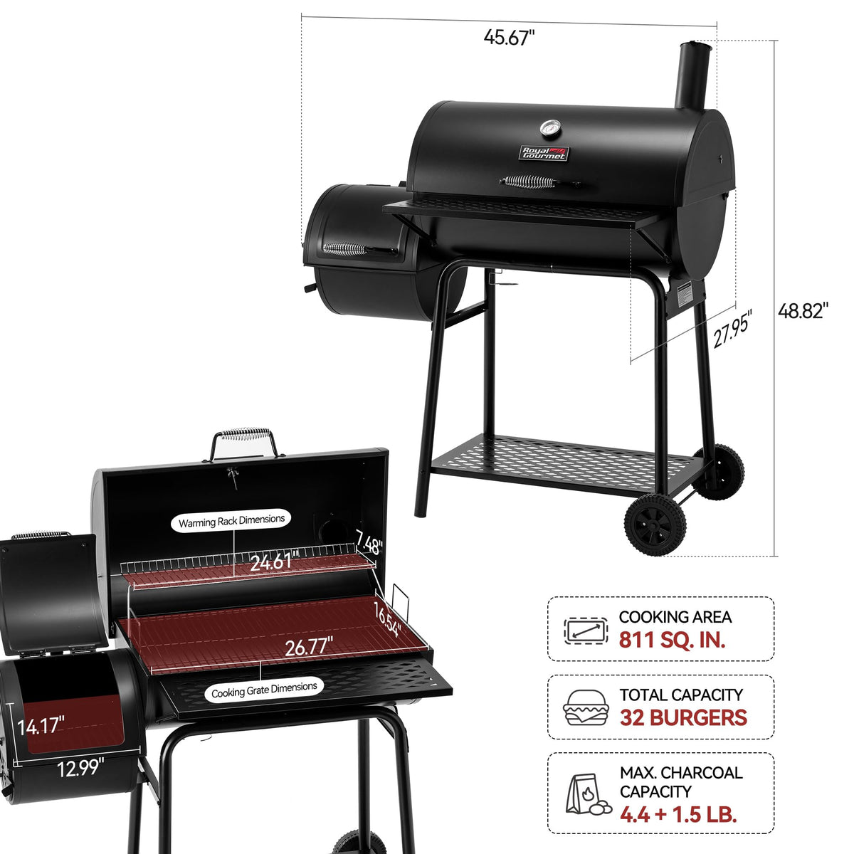Royal Gourmet CC1830FC Charcoal Grill Offset Smoker (Grill + Cover), Black