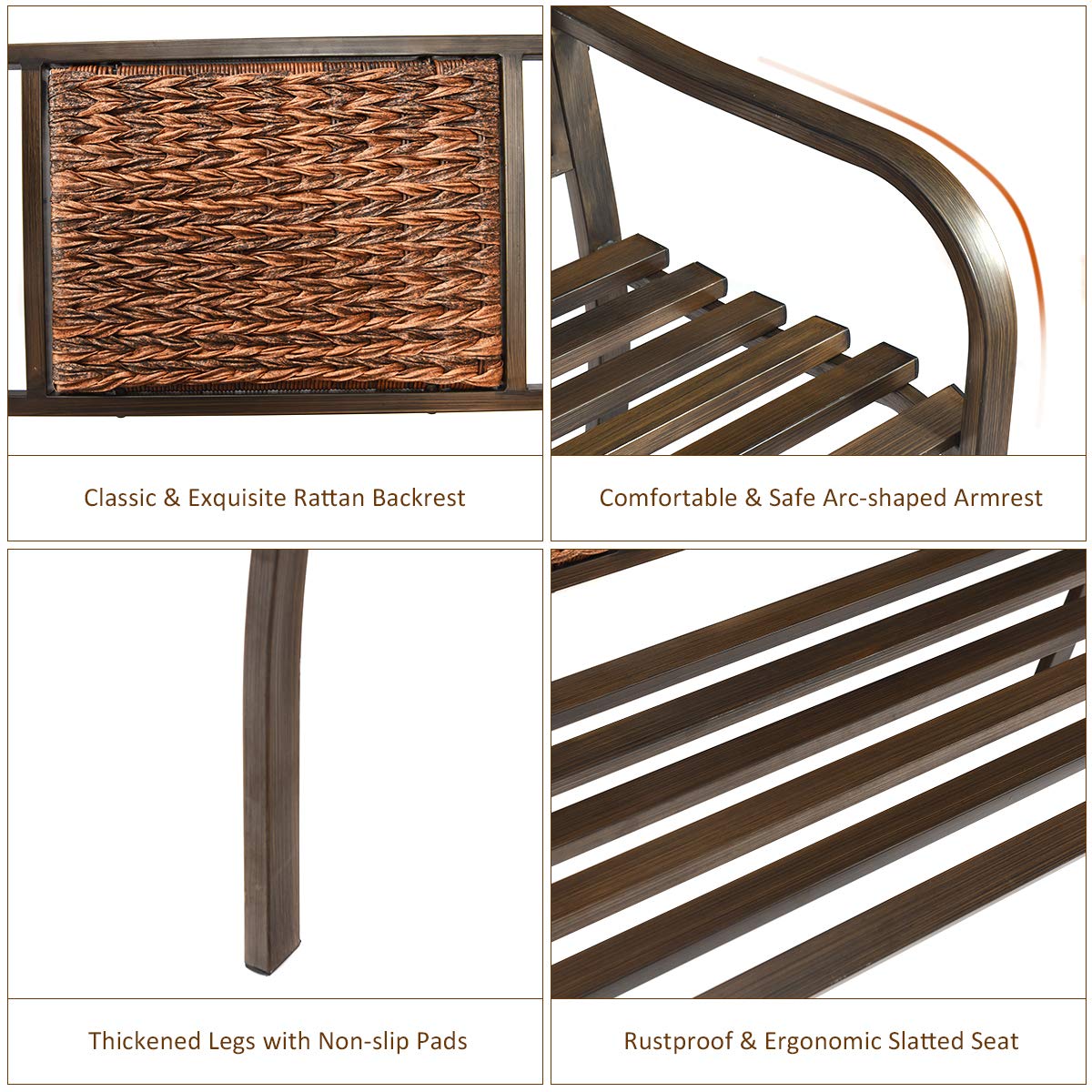 S AFSTAR Outdoor Garden Bench, Brown, Iron, Metal, Polyethylene, Rattan, 50.5 in Width, 2 Adults