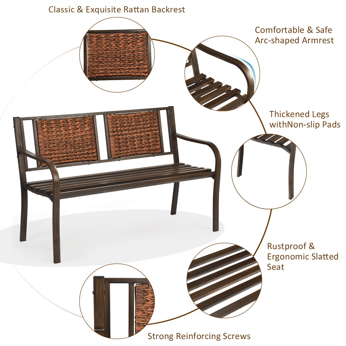 S AFSTAR Outdoor Garden Bench, Brown, Iron, Metal, Polyethylene, Rattan, 50.5 in Width, 2 Adults