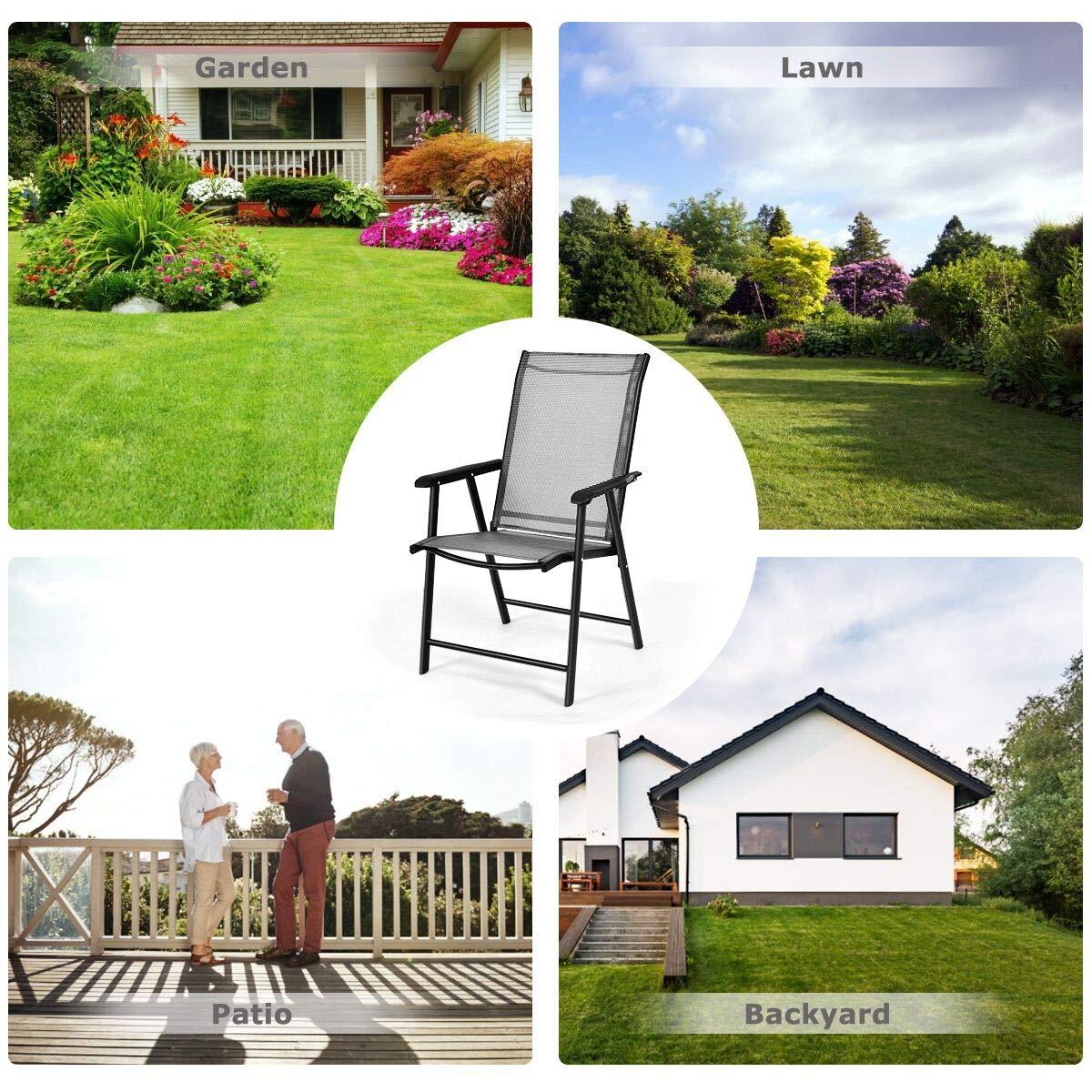 S AFSTAR Patio Chairs, Outdoor Foldable Sling Chairs with Armrests for Lawn Garden Backyard Poolside Porch, Folding Outdoor Chairs (Set of 4, Gray)